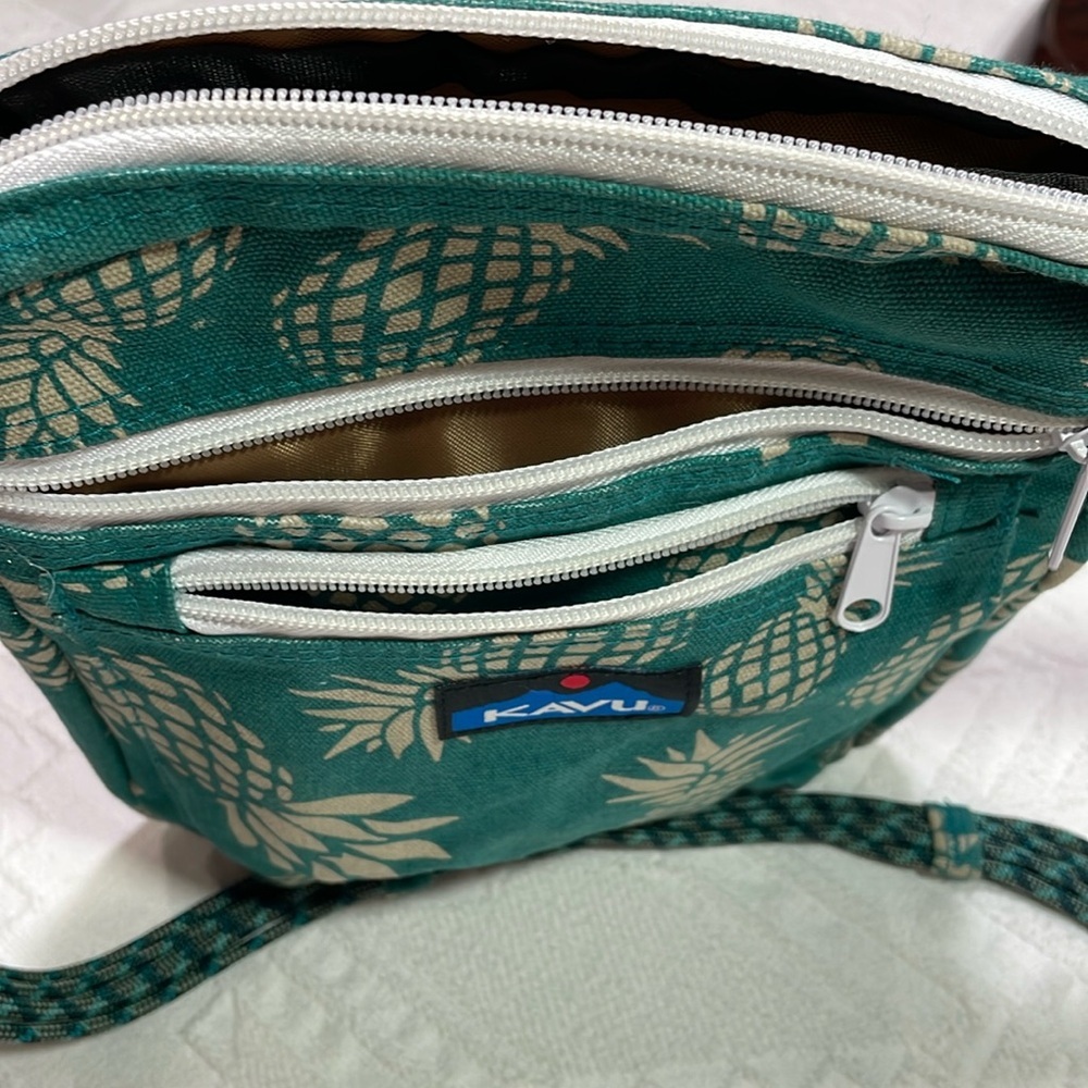 Kavu Keeper Crossbody Rope Bag Cotton Canvas Purse Pineapples Teal Blue & Gray - Picture 12 of 16